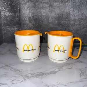 Vintage 1980s McDonalds Coffee Plastic Travel Mug Cup Whirley - Set Of 2 w/ lids